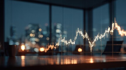 Stock market graph overlaying a cityscape viewed through a window at night.