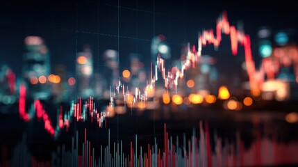 Stock market chart with red and white lines over a blurred city background.