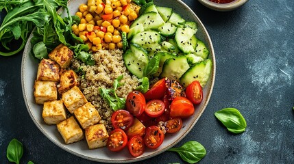 A colorful, healthy bowl with grilled tofu, quinoa, cherry tomatoes, cucumbers, corn, and fresh greens, topped with black sesame seeds.