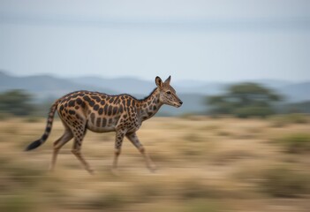 Unusual animal with giraffe and leopard features running across dry landscape.
