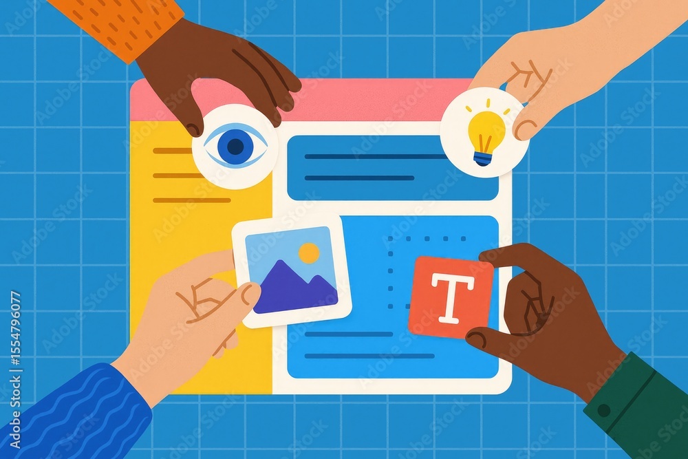 Poster diverse hands collaborating on digital design elements collaboration teamwork