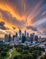 Obraz premium Dramatic sunset over houston skyline urban landscape aerial view vibrant colors evening atmosphere