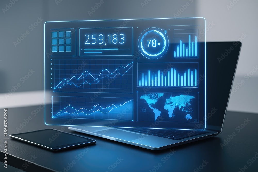 Poster futuristic blue holographic data display with charts and graphs on a laptop holographic display