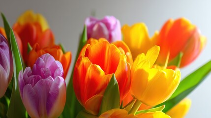 Obraz premium Vibrant tulips with green foliage, soft daylight, copy space. Fresh spring floral beauty in natural harmony. ﻿