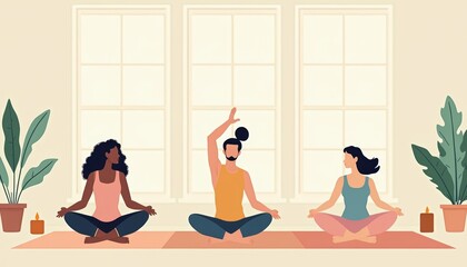Flat design illustration of diverse people doing yoga poses indoors