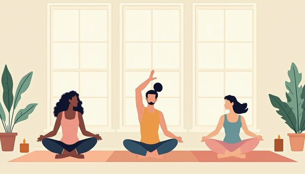 Flat design illustration of diverse people doing yoga poses indoors