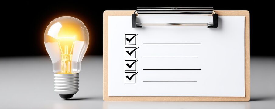 project management execution assessment. Light bulb next to a checklist on a clipboard, symbolizing ideas and organization. - Powered by Adobe