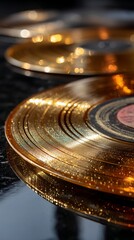 Golden vinyl records close-up