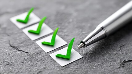 project management execution assessment. Checklist with green ticks next to a silver pen on a textured surface.