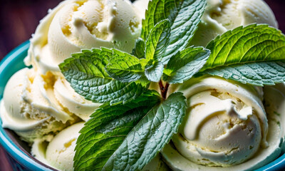 Delicious pistachio and vanilla ice cream decorated with fresh mint leaves