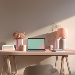 Home office workspace with laptop and decor