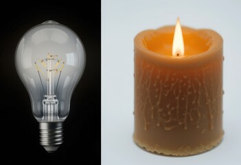 Light bulb and burning candle side by side representing old and modern lighting.