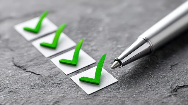 project management execution assessment. Checklist with green ticks next to a silver pen on a textured surface.