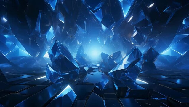 Looping abstract crystal shards in dynamic motion with glowing edges. Futuristic geometric pattern ideal for sci-fi visuals, tech backgrounds, or digital design elements
