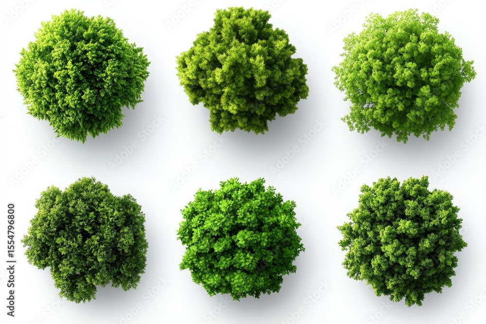 Poster six top-down views of different green leafy trees isolated on white background with varying foliage 