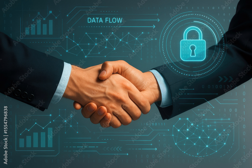 Poster futuristic business handshake with digital data flow and security lock technology