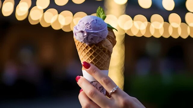 Ice cream cone in hands, enjoying sweet treat with berry and caramel flavors. Summer dessert, tasty indulgence, cafe treat, delicious snack, food photography, bokeh lights. Perfect for cafes.