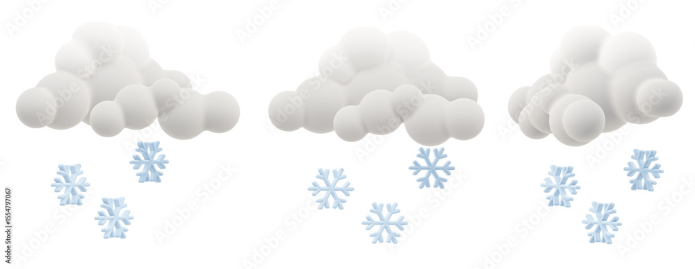 Poster a cute 3d set of snowing clouds with crisp white snowflakes falling. minimal and clean design for wi