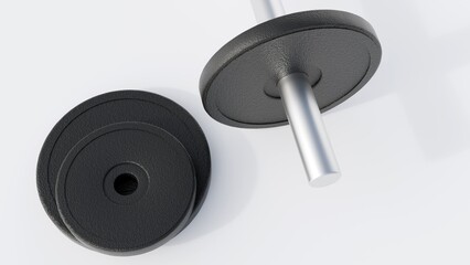 A 3d rendering of a dumbbell with several weight plates, black circular weight plates. The plates made of a textured material cast iron or rubber-coated.