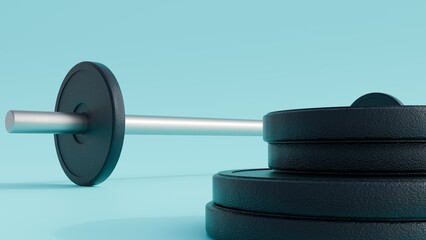 A 3d rendering of a dumbbell with several weight plates, black circular weight plates. The plates made of a textured material cast iron or rubber-coated.