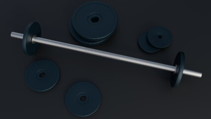 A 3d rendering of a dumbbell with several weight plates, black circular weight plates. The plates made of a textured material cast iron or rubber-coated.