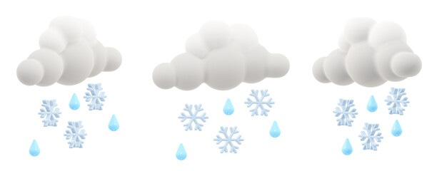 White fluffy clouds with raindrops and snowflakes, glossy plasticine effect. 3D Rendering shown from 3 different perspectives, isolated.