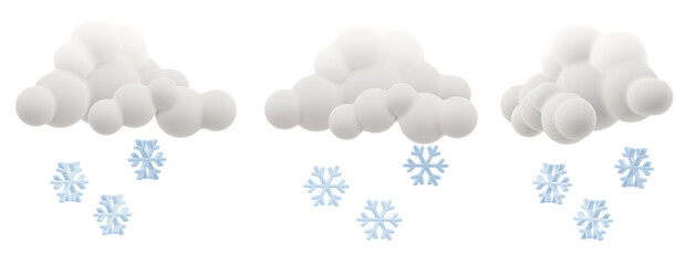A cute 3D set of snowing clouds with crisp white snowflakes falling. Minimal and clean design for winter-themed projects. Rendering shown from 3 different perspectives, isolated.