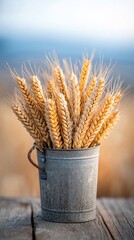 Golden wheat ears in a vintage metal pail