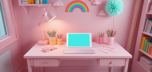 Pastel pink workspace with tablet and rainbow wall decor in child's room.