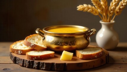 Fototapeta premium Aromatic Creamy Soup Served in Ornate Bowl with Crusty Bread and Cheese