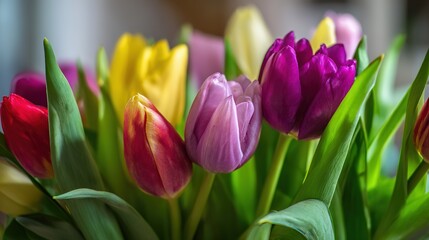 Naklejka premium Vibrant tulips with green foliage, soft daylight, copy space. Fresh spring floral beauty in natural harmony. ﻿