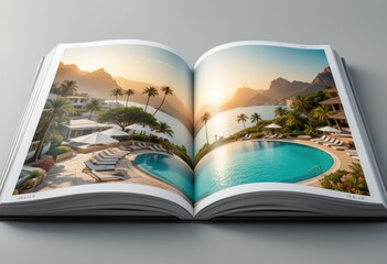 Luxury resort poolside at sunset featured in an open glossy travel magazine spread.