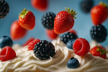 Fresh Berries Falling on Whipped Cream