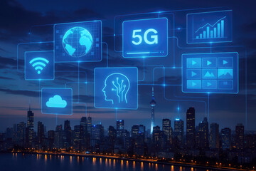 Futuristic digital cityscape with glowing technology interfaces night