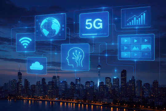 Futuristic digital cityscape with glowing technology interfaces night