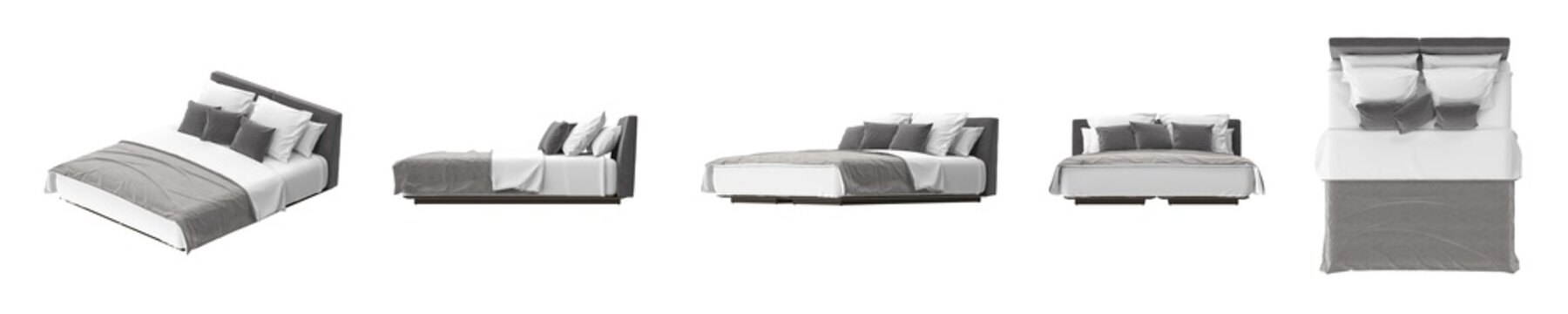 Five perspectives of a bed on a clean, isolated backdrop. Showcasing its design from multiple angles