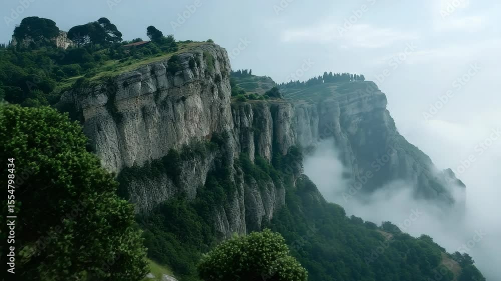 Poster a mountain range with trees and clouds in the sky. the clouds are white and fluffy, and the trees ar
