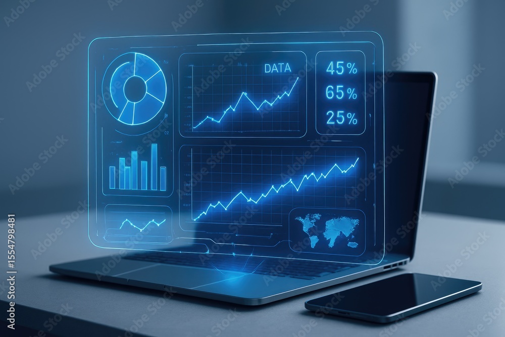 Poster futuristic holographic data analysis interface displaying charts and graphs technology