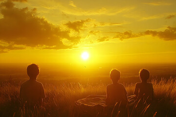 Obraz premium Silhouetted children watching sunset over grassy landscape