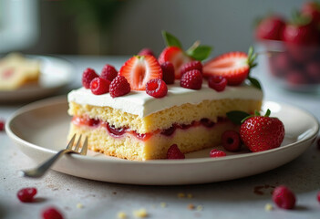 A delicious slice of summer sponge cake with a raspberry filling and creamy frosting, generously topped with fresh strawberries and raspberries for a delightful dessert.
