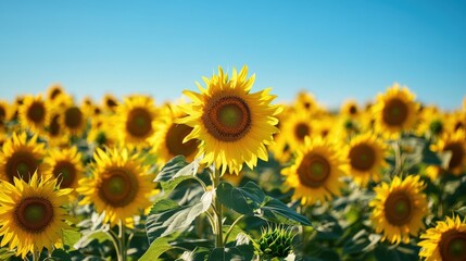 Fototapeta premium A field of blooming sunflowers under a clear blue sky