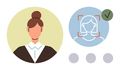 Female avatar with bun hairstyle and formal attire next to face scan verification icon with checkmark. Ideal for security, technology, access control, identity, privacy, AI, digital validation