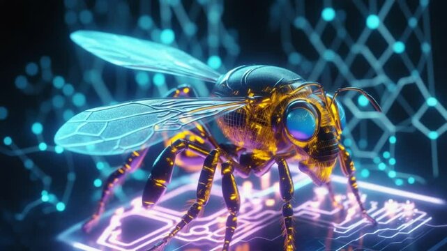 Futuristic Cybernetic Bee Exploring Digital Landscape with Glowing Neon Accents and Circuit Details