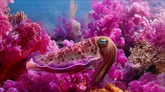 Vibrant Cuttlefish in a Purple Coral Reef