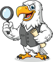 Eagle detective cartoon character holding a magnifying glass and a document. An investigator bird mascot searching for clues or doing research and analysis.