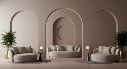 Fototapeta premium Beige, Living room, Modern, Modern Beige Living Room with Archways and Round Furniture