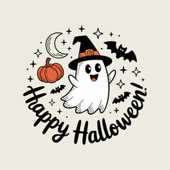 Cute Ghost with Witch Hat and Halloween Elements – Happy Halloween Typography Design