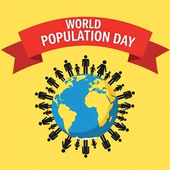 World Population Day Graphic with People Surrounding Earth Globe and Red Ribbon Banner Message on Yellow Background
