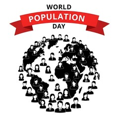 World Population Day Awareness Graphic Featuring People Silhouettes Forming World Map on a White Background with Red Banner
