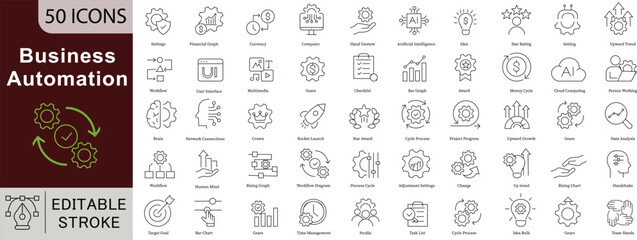 Business Automation Icon Set - 50 Editable Workflow Process Icons for Digital Transformation, AI and Enterprise Efficiency Vector Collection. Editable Stroke linear icons